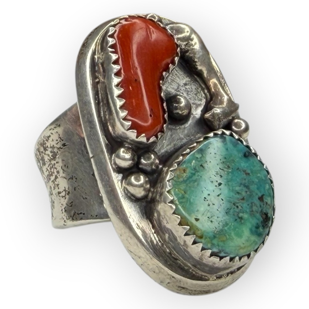 Vintage Statement Ring Sterling Silver SZ 10.75 Turquoise Coral Native American